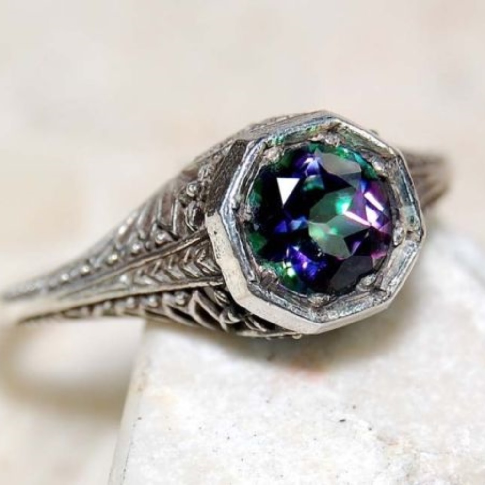 1 CT Rainbow Topaz~ Silver Filigree Ring Size 6
